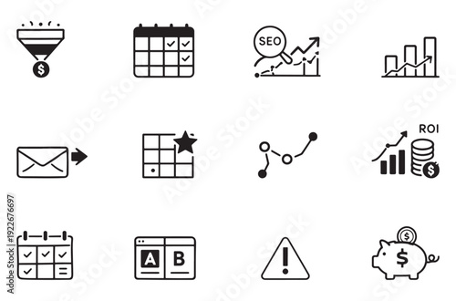 Business and finance icons including seo roi and calendar symbols on white background