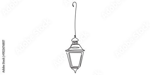 Simple hand drawn sketch of a vintage hanging lantern with a long thin wire and hook. Vector, illustration