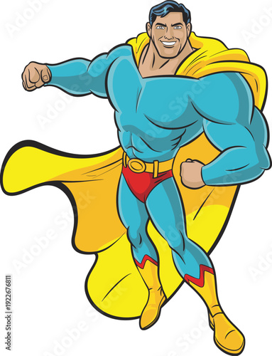 Smiling muscular superhero in blue suit with yellow cape and red trunks standing in a powerful pose on white background
