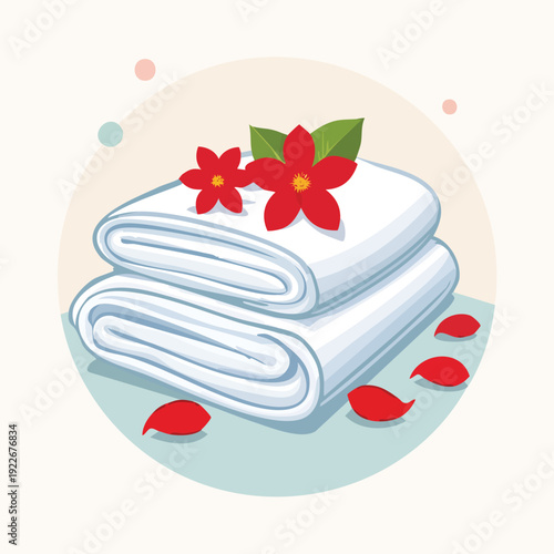 Folded white towels with red flowers on a light background