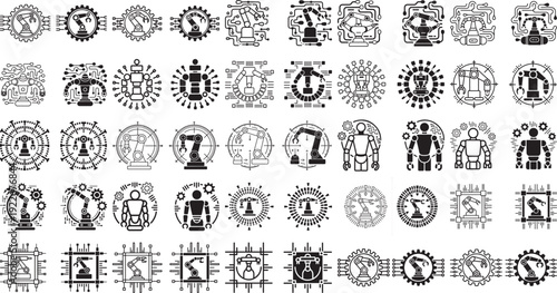Collection of various robotic and mechanical technology icons with gears and circuits on white background