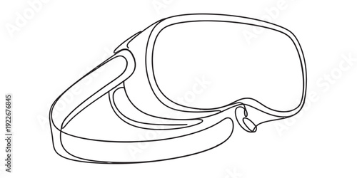 Line drawing of a pair of goggles with a wide lens and an adjustable strap. Vector, illustration
