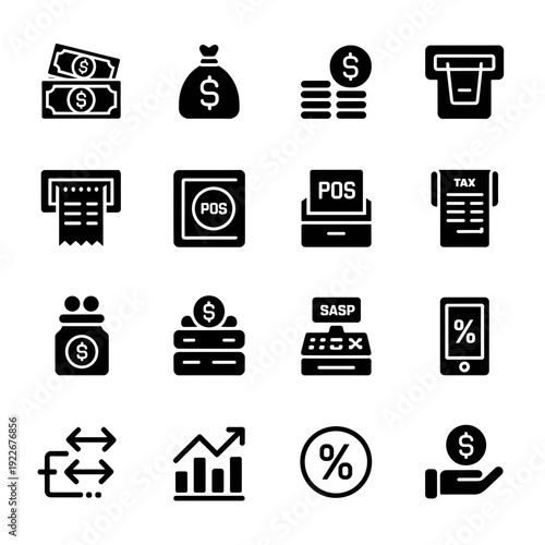 A collection of icons representing financial transactions, including cash, credit cards, ATMs, and receipts, illustrating various aspects of money and payments