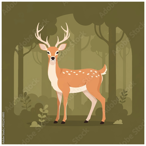 A digital illustration of a deer with white spots, standing calmly in a forest with trees and foliage in the background, depicted in a warm color palette. Perfect for wildlife designs,