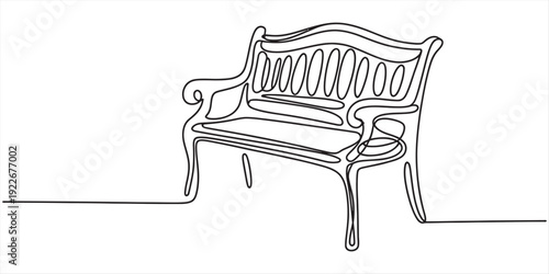 Continuous line drawing of a classic park bench with elegant curved armrests and backrest. Vector, illustration