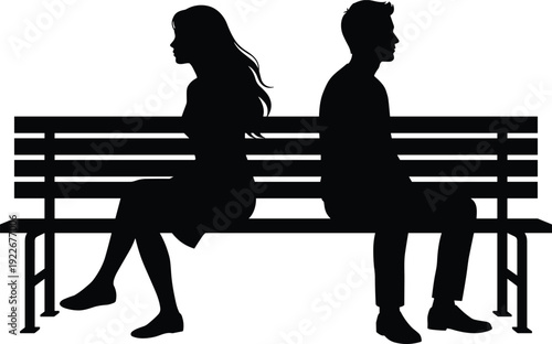 Couple sitting apart on park bench silhouette illustration showing relationship conflict, emotional distance, breakup tension and social communication problem concept