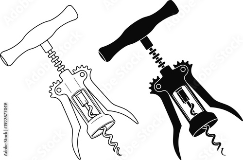 Corkscrew wine opener icon set with outline and solid styles, bottle opener tool illustration for bar, kitchen and beverage design