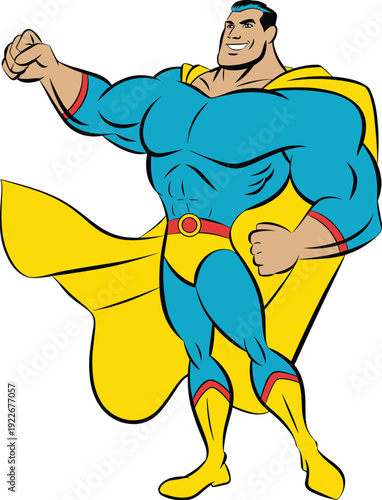 Strong muscular male superhero in blue suit and yellow cape standing in a powerful pose isolated on white background vector