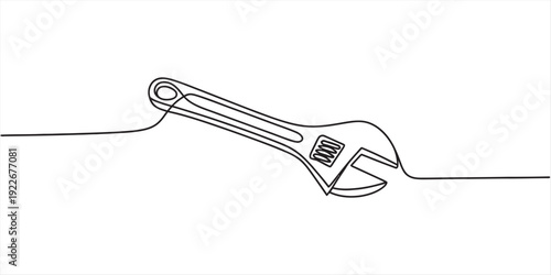 Continuous line drawing of an adjustable wrench or spanner tool for repair and maintenance. Vector, illustration