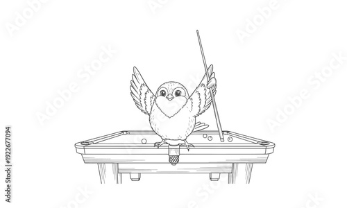 Cartoon Bird Playing Pool Table Game.