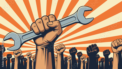 Powerful workers rights concept with a giant fist holding a wrench and many smaller raised fists in the background.