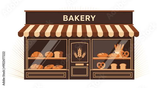 Charming bakery storefront facade with large display windows showing fresh bread and pastries under a brown awning.