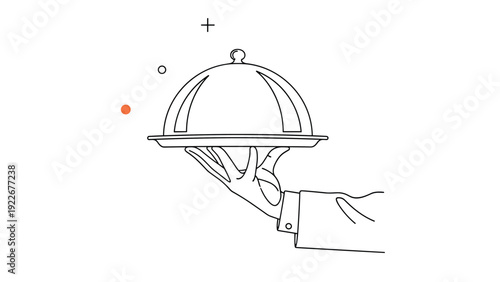 Elegant minimalist line art of a hand in a glove holding a silver serving tray with a dome cloche for fine dining.