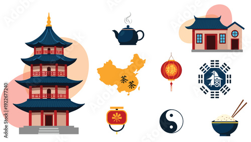 Diverse collection of Chinese cultural symbols including a pagoda teapot map lantern yin yang and bowl of white rice.
