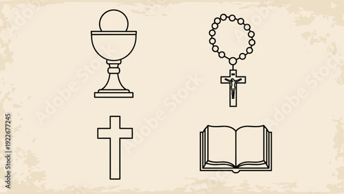Set of Christian religious icons including a chalice with host a rosary cross and an open holy Bible in line art style.