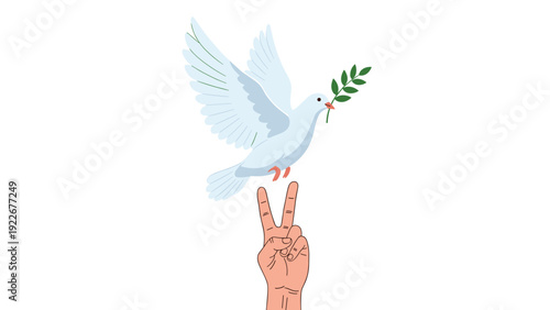 Peace and harmony symbol featuring a white dove with an olive branch and a hand making the V sign on white background.