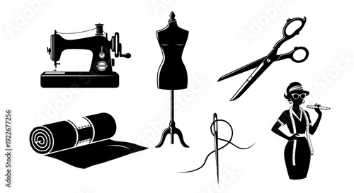 Fashion and Tailoring Black and White Silhouette Vector Art Collection of Sewing Tools, Equipment, and Designer Figure. Apparel and Dressmaking Icons.