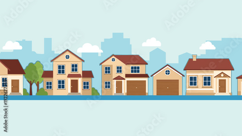 Peaceful residential neighborhood scene with a row of different suburban houses and trees against a city skyline.