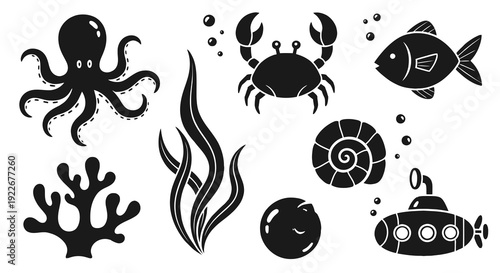 Black and White Illustration of Underwater Life: Octopus, Crab, Fish, Coral, Seaweed, Seashell, Submarine