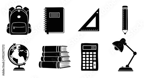 Education School Supplies Black and White Flat Glyphs Icons Set. Vector Illustrations of Backpack, Books, Globe, Calculator, Pencil, Ruler, Notebook, Lamp for Learning, Study.