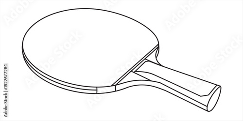 Black and white outline drawing of a classic table tennis paddle with a wooden handle Vector, illustration