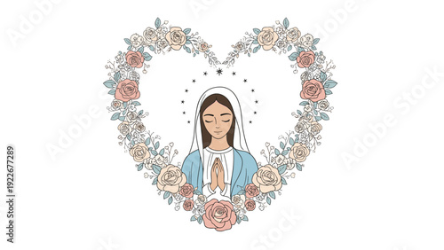 Sacred illustration of the Virgin Mary in prayer surrounded by a beautiful heart shaped wreath of soft pink roses.