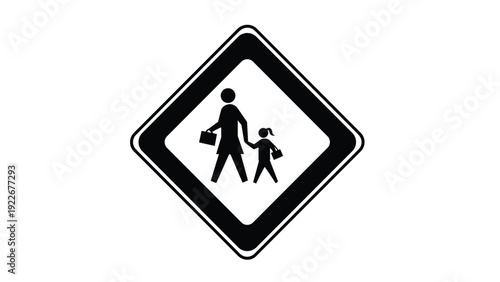 Diamond shaped traffic sign showing silhouettes of an adult and a child with bags indicating a school crossing zone.