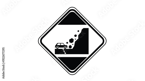 Black and white warning traffic sign depicting a car on a road with rocks falling from a cliff or mountainside.