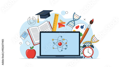 Educational and science theme with a laptop computer surrounded by open books, a graduation cap, and various creative art tools.