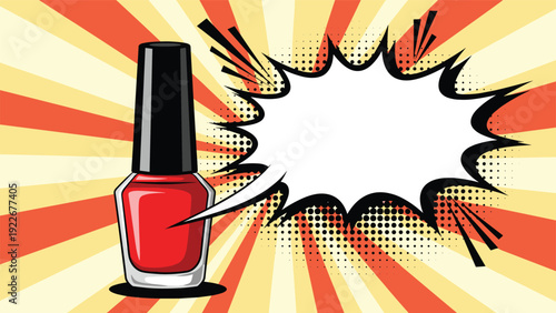 Red nail polish bottle with a comic style speech bubble set against a vibrant orange and yellow sunburst background design.