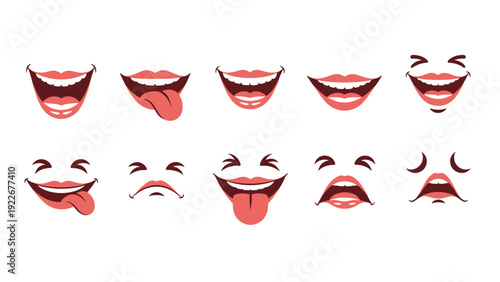 Collection of various cartoon mouth expressions showing different emotions like laughter, surprise, and sadness with tongues out.