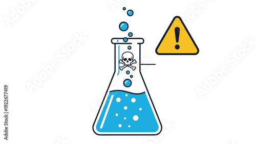 Erlenmeyer flask containing dangerous bubbling blue liquid with a skull and crossbones symbol and a yellow warning sign.