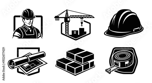 Construction Industry Black and White Glyph Icons Set. Essential Symbols: Worker, Crane, Hard Hat, Blueprints, Materials, Measuring Tape.