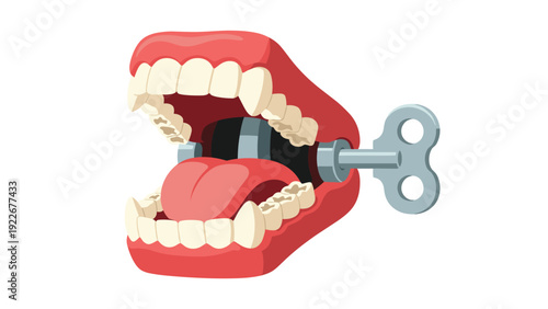 Classic wind up chattering teeth toy illustration with a silver key and pink gums on a plain white background for humor themes.
