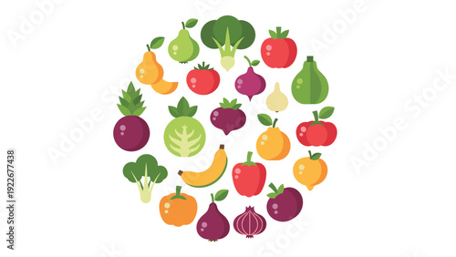 Circle arrangement of various colorful fruit and vegetable icons in a modern flat design style on a plain white background.