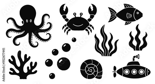 Black and White Marine Life Collection: Cartoon Glyph Vector Illustration Set of Sea Creatures, Underwater Plants, Submarine, and Bubbles.