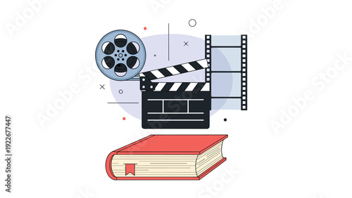 Film production concept featuring a camera film reel and a clapperboard resting on a thick red book on a plain white background.