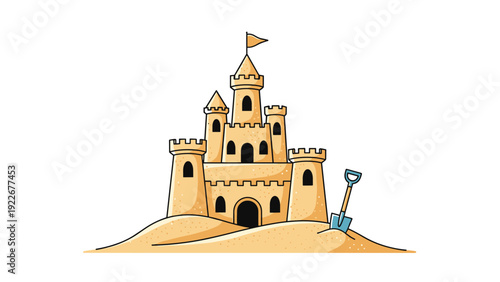 Detailed sandcastle illustration on a summer beach with a blue shovel stuck in the sand under a bright clear white sky background.