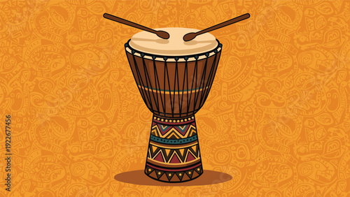 Traditional djembe drum with two drumsticks set against a vibrant orange patterned background for ethnic and world music themes.