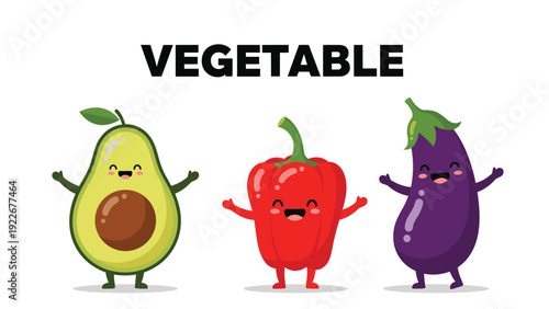 Three cute and happy vegetable characters representing an avocado, bell pepper, and eggplant for healthy food education for kids.