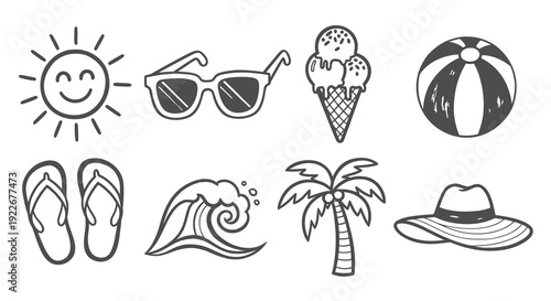 Summer Vacation and Beach Elements Hand-drawn Black  White Line Art Icons Set. Includes Sun, Ice Cream, Sunglasses, Flip Flops, Palm Tree, Wave, Hat, and Beach Ball Doodles.