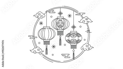 Intricate line drawing of three Chinese lanterns and clouds inside a circle for Lunar New Year and Asian festival designs.