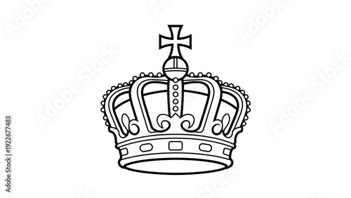 Simple black and white line art illustration of a royal crown with a cross on top and many decorative details on white.