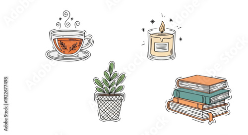 Charming Hand-Drawn Illustrations for a Cozy Lifestyle A Collection of Comforting Elements like Warm Tea, Scented Candle, Potted Plant, and Stack of Books