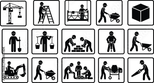 Construction worker icon set featuring building equipment, labor activities and industrial tools silhouettes for engineering, construction industry and workplace safety concepts