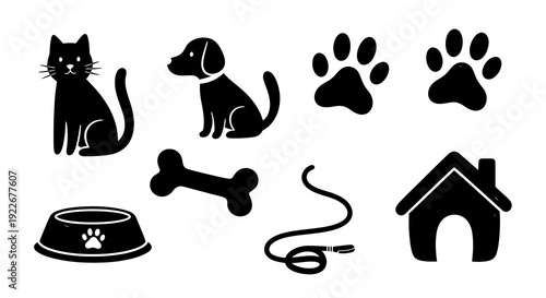 Animal and Pet Care Industry Black and White Hand-drawn Glyph Icons Collection. Featuring Dog, Cat, Paw Prints, Bone, Food Bowl, Leash, and Dog House.