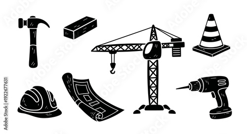 Construction Industry Tools and Equipment Black and White Hand-Drawn Doodle Line Art Icons Set