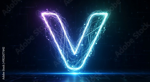 Neon letter V glows with energetic particles against dark background.