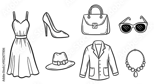 Fashion and Apparel Accessories Collection in Black and White Line Art. Hand-drawn outline of Dress, High Heel, Handbag, Sunglasses, Hat, Blazer, Necklace.