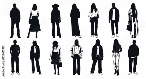 Diverse Modern Lifestyle Fashion Outfits Vector Illustration Set - Contemporary Men and Women Clothing Styles with Silhouette Heads
